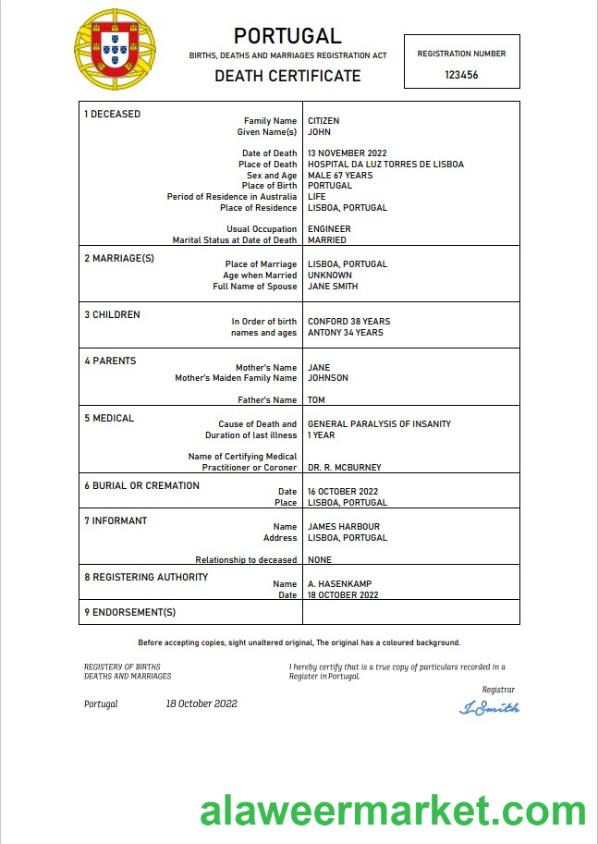 Portugal death certificate Word and PDF template